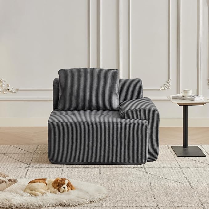 Modular Sectional Sofa with Movable Ottoman, 1 Seat Deep Seat Couch with 1 Pillow, Comfy Cloud Sectional Sofa for Living Room, Bedroom and Apartment (Grey, 1 Right)