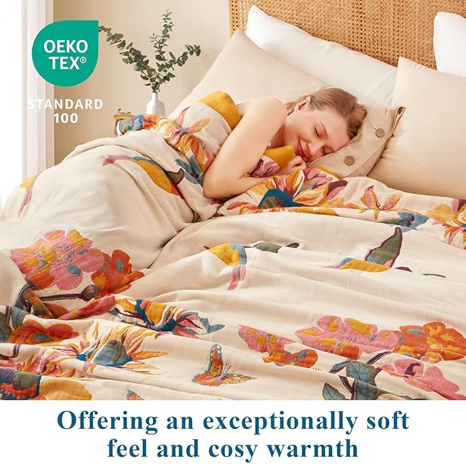 Boho Throw Blanket - 100% Cotton Soft Spring Throw Blanket for Bed, 50"x60" Reversible Breathable Lightweight Blankets, All Seasons Farmhouse Decor Floral Plant Butterfly Throw Quilt