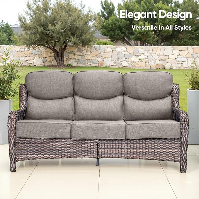 Swivel Patio Chairs sofa Set of 5 with 6" Thick Cushion - Wicker Outdoor Swivel Rocker Patio Chair ,Sofa/Glass coffee table, High Back Comfortable Outdoor Glider Chairs - Brown Wicker Grey Cushions