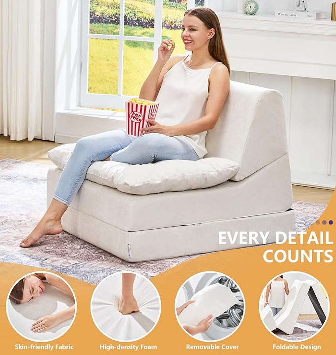 Hobestluk Sofa Couch Folding Sofa Bed Comfy Floor Lounger Convertible Sofa with Removable Cushion Couches for Small Spaces Foldable Mattress for Living Room Bedroom or Office (Chenille Beige, Large)