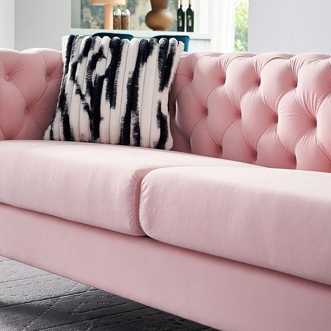 KEIKI 84" Chesterfield Velvet Tufted Button Sofa with Removable Cushions and 2 Toss Pillows, Modern 3-Seater Couch with 4 Gold Metal Legs, Easy Assembly, for Living Room, Bedroom, Apartment, Pink
