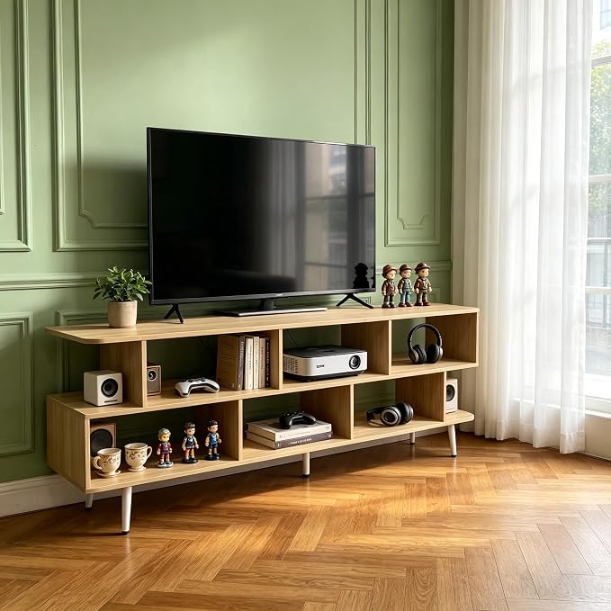 65" Walnut TV Stand with Power Outlet, Large Media Console Table for TVs up to 75" with 8 Open Shelves, Entertainment Center for Living Room/Entrance/Kitchen/Sofa Cabinet, Easy Assembly - Image 2