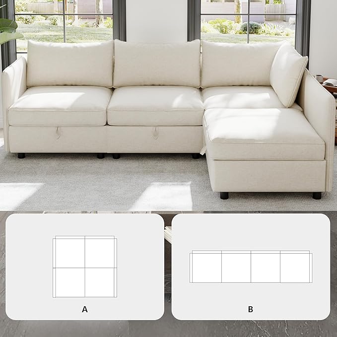 Oversized Modular Storage Sectional Sofa Customizable Seating Group Sofa&Couch Convertible Lounge Sleeper Chaise Daybed with Movable Seat, L-Shaped Chenille Upholstered Sofa Couch for Living Room
