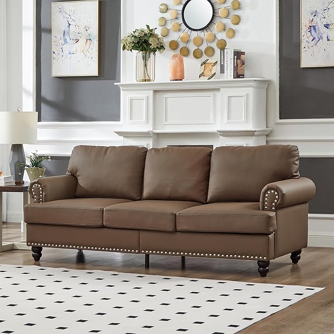 2 Pieses Living Room Sofa Sets Faux Leather Couch and Loveseat with Nailhead Decor, Soild Wood Legs, Rolled Armrests & Storage ,2PCS Sofas 3 Seaters Couch and Love Seat for Living Room Furniture Sets