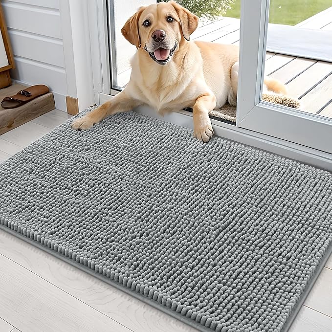 OLANLY Dog Door Mat for Muddy Paws 35x24, Absorbs Moisture and Dirt, Absorbent Non-Slip Washable Doormat, Quick Dry Chenille Mud Mat for Dogs, Entry Indoor Entryway Carpet for Inside Floor, Grey by OLANLY