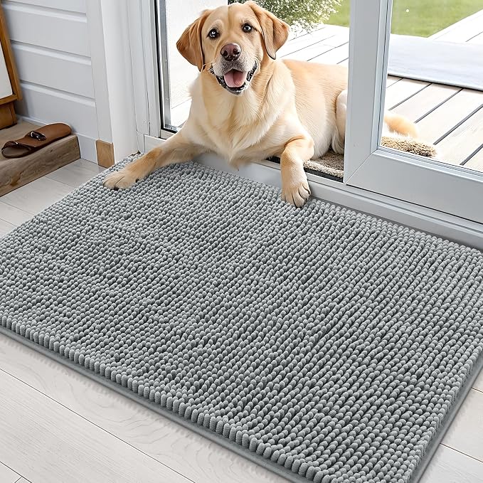 OLANLY Dog Door Mat for Muddy Paws 36x24, Absorbs Moisture and Dirt, Absorbent Non-Slip Washable Doormat, Quick Dry Chenille Mud Mat for Dogs, Entry Indoor Entryway Carpet for Inside Floor, Grey by OLANLY