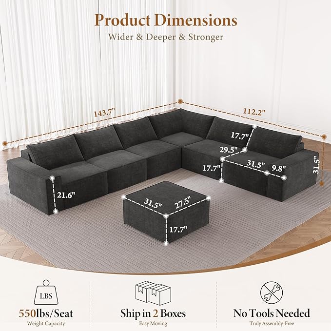 Vesgantti 143.7" Boneless Couch for Living Room, 6 Seater Modular Sectional Sofa with Ottoman & Deep Seat, Convertible Chenille Oversized Cloud Couches, No Assembly Required, Dark Grey