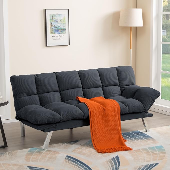 Convertible Futon Sofa Bed, Corduroy Small Futon Couch with Adjustable Armrest & Backrest, Loveseat Sofa Bed for Living Room, Bedroom, Deep Gray