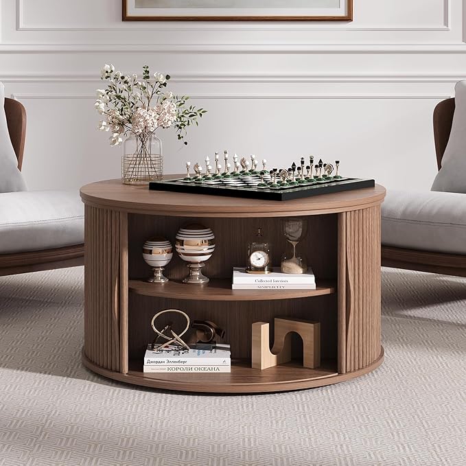 Round Lift Top Coffee Table, 31.5” Mid Century Modern Center Table with Hidden Storage, Fluted Circle Coffee Tables for Living Room, Home Office, Walnut