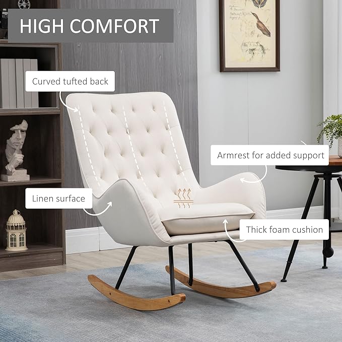 HOMCOM Mid-Century Fabric Rocking Chair Sofa Armchair Tufted Rocker Wingback Accent Chair with Padded Seat, Rubber Wood Base for Home Studio, Bedroom, Living Room, Cream White
