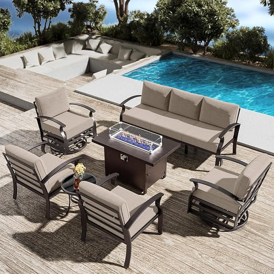 Patio Furniture Set 7-Piece Aluminum Armrest Sofa, Modern Outdoor Living Room Set with 55000 BTU Propane Aluminum Fireplace, Outdoor Rotary Joystick with Thick Cushion