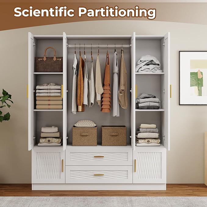 White Wardrobe Closet with Doors, 4 Drawers, Hanging Rods, Metal Handles, Large Capacity, Modern Minimalist Design, Textured Finish，Ideal for Bedroom 63.0" W x 20.39" D x 70.41" H (19)