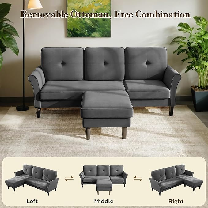 Sofas for Living Room, 83" Velvet Sectional Couch with Moveable Ottoman, Midcentury Modern Small Sectional Couch, L Shape Sofa & 3 Seater, Couches for Living Room, Apartment, Bedroom, Grey