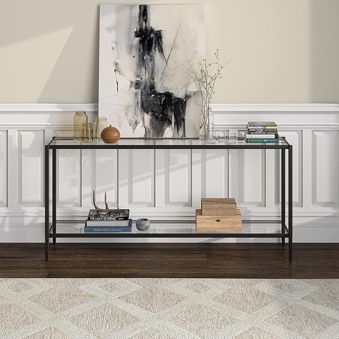 Henn&Hart 64" Wide Rectangular Console Table with Glass Shelf in Blackened Bronze, Entryway Table, Accent Table for Living Room, Hallway