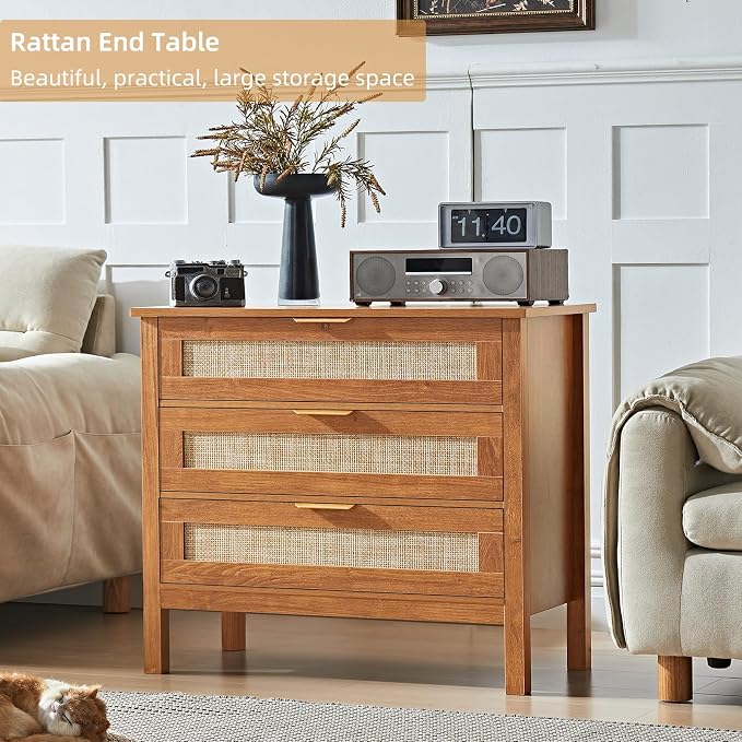 LEYAOYAO 31.5" Wide Rattan Nightstand, Large Boho 3 Drawer Night Stand, Tea Brown Bedside Table with Storage, Tall Bed Side End Tables, Chest of Drawers Dressers for Bedroom, Living Room, Hallway - Image 4