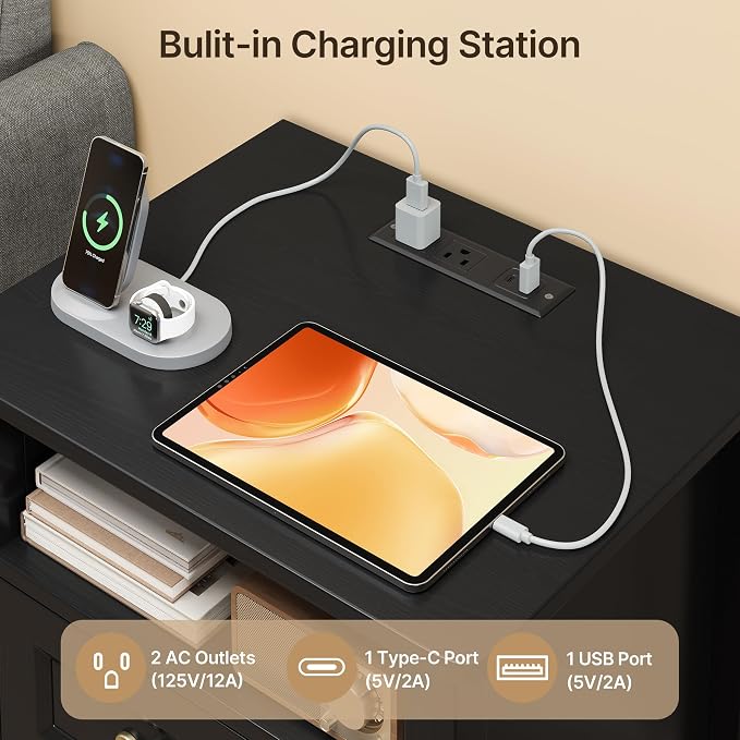 Gizoon Nightstand Set of 2 with Charging Station, Bedside Table Set for Bedroom, Modern Wood Nightstand with 2 Drawers & Open Shelf, Black - Image 4