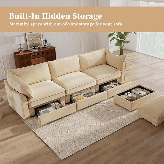 Rovibek 112” L Shaped Couch with Storage, Chenille Sofas for Living Room, Sectional Couch with Pull Out Drawer & Throw Pillows & Storage Ottoman, Wheat
