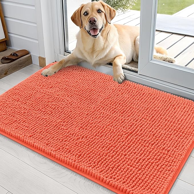 OLANLY Dog Door Mat for Muddy Paws 36x24, Absorbs Moisture and Dirt, Absorbent Non-Slip Washable Doormat, Quick Dry Chenille Mud Mat for Dogs, Entry Indoor Entryway Carpet for Inside Floor, Coral by OLANLY