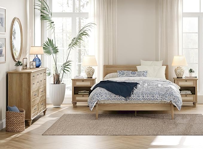 WAMPAT 3 Piece Bedroom Set - Includes Bedroom 8 Drawer Dresser, Set of 2 Bedside Tables with Charging Station & Rattan Drawer, 3 Piece Dresser and Nightstand Sets, Oak