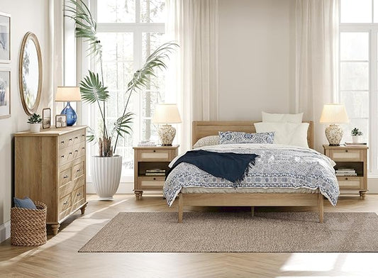 WAMPAT 3 Piece Bedroom Set - Includes Bedroom 8 Drawer Dresser, Set of 2 Bedside Tables with Charging Station & Rattan Drawer, 3 Piece Dresser and Nightstand Sets, Oak