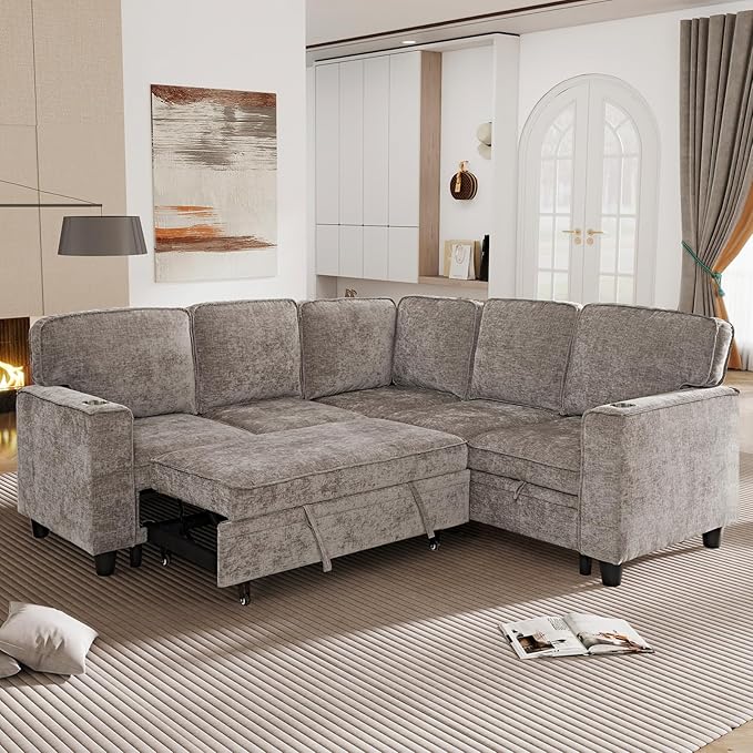 KEIKI 81" L-Shaped Oversized Chenille Modular Sectional Sleeper Sofa with Pull-Out Bed, Storage Seat, Modern 5-Seater Upholstered Couch Bed with Charging Station, Easy Assembly, for Living Room, Brown