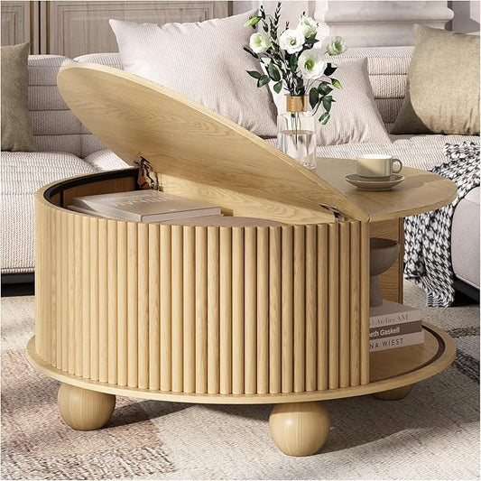 SULIVES Round Coffee Table with Storage, Unique Circle Drum Table with Sliding Door,Fluted Accent Center Table with Bun Feet for Living Room, Oak