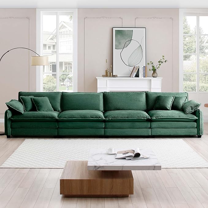 KEIKI 150" Oversized Corduroy Modular Sectional Cloud Sofa with High-Density Foam Cushions, Removable Armrests, Upholstered Modern 4-Seater Fluffy Corner Couch with 6 Pillow, for Living Room, Green