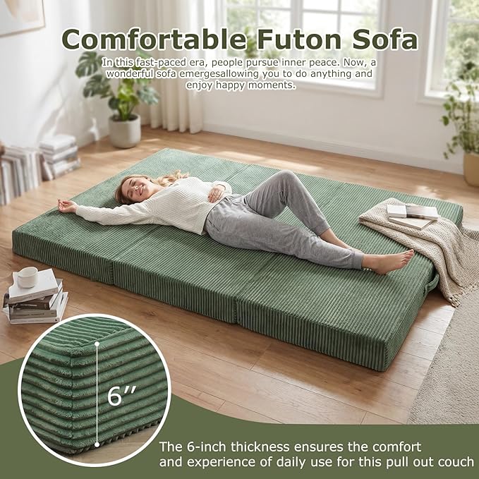 5-in-1 Convertible Sofa Bed, Boneless Loveseat Sleeper with Removable Cushions & Washable Cover, Futon Sofa Bed with Handle, Pull Out Couch for Small Spaces, Queen Size, Green