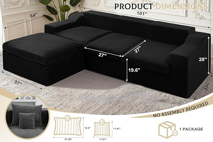 101" Modular Couch Sectionals with Ottoman, Big Comfy Cloud Couches, L Shaped 4 Seat Modular Sectional Sofa, Sectional Double Cushion Couches with Deep Seat for Living Room,No Assembly Required(Black)