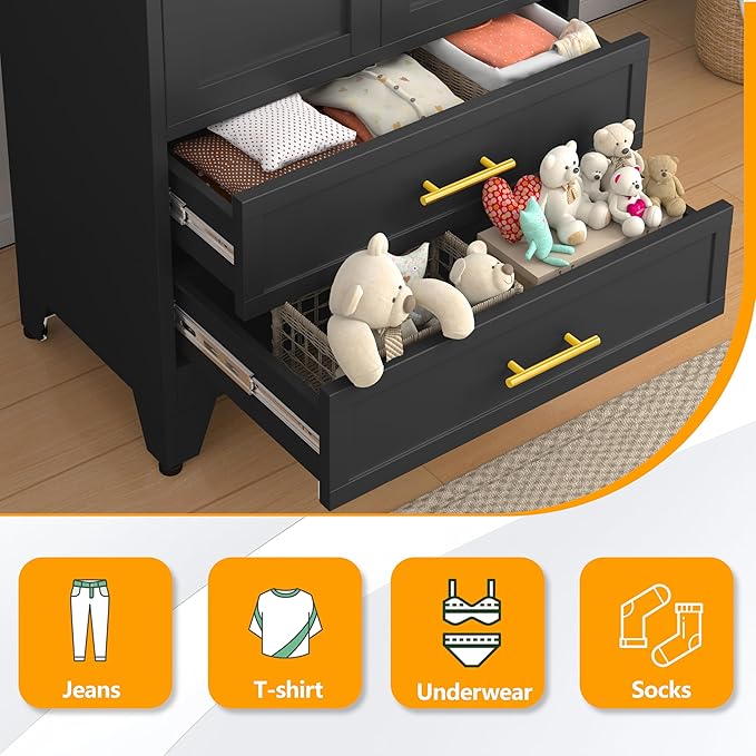 Ckzbx 71" H Metal Armoire Wardrobe Closet with 2 Drawers, Adjustable Shelve, Clothes Drying Pole, Steel Wardrobe Cabinet for Bedroom (Black)