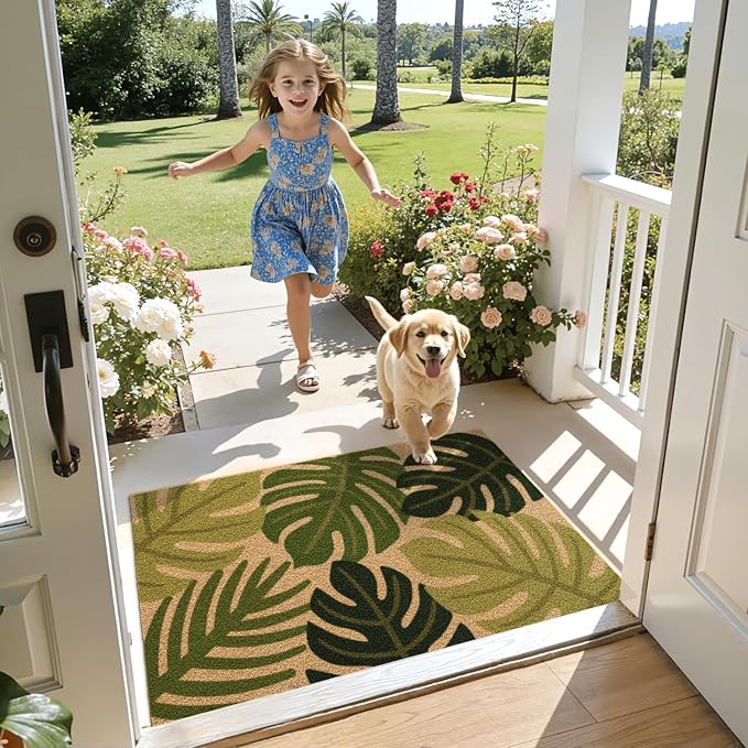 DEXI Front Door Mat Outside Entrance Coir, 2x3 Heavy Duty Entry Tropical Plant Doormat, Non Slip Exterior Entryway Floor Dirt Trapper for Porch Patio, Green Monstera Leaves - Image 3