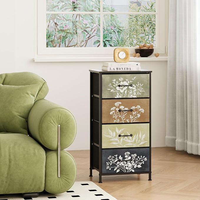 Tohomeor Vintage Dresser Vertical Nightstand with Neutral Botanical Plant Fabric Chest Drawers for Closet Bathroom Storage Tower Unit Bed Side Organizer Farmhouse Rustic (Multi, 4 Drawers) - Image 7
