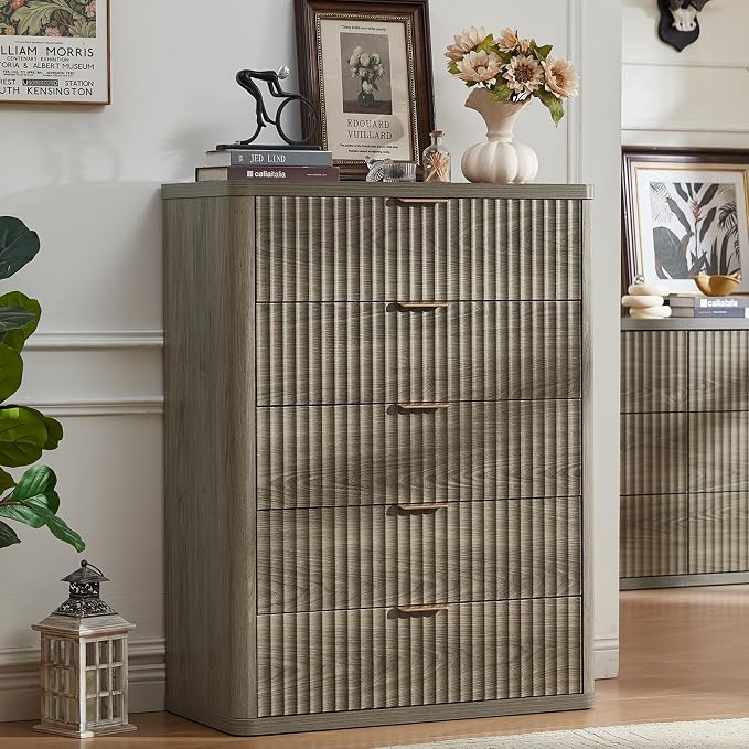 LEYAOYAO Fluted 5 Drawers Dresser Set of 2, 41" Tall Modern Chest of Drawers with Metal Handle, Curved Profile Dresser TV Stand, Wooden Drawer Organizer for Bedroom, Living Room, Hallway,Grey - Image 8