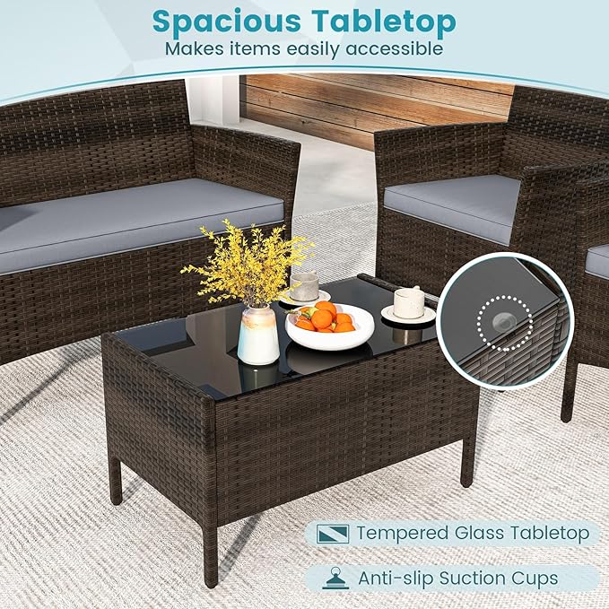DORTALA Wicker Patio Furniture Set 4 Piece, Outdoor PE Rattan Table & Chairs Set with Tempered Glass Coffee Table, Loveseat, Cushions, Conversation Set for Balcony, Porch, Backyard, Deck, Gray