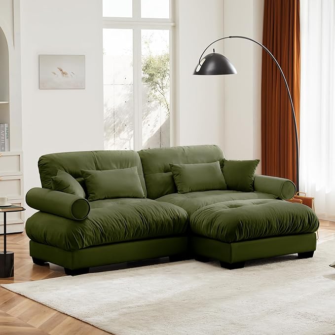 KEIKI 94" L-Shaped Oversized Velvet Modular Sectional Loveseat Sofa with 1 Ottoman, High-Density Foam Cushion, Bolstered Armrest, Upholstered 2-Seater Cloud Couch with 4 Pillow, for Living Room, Green