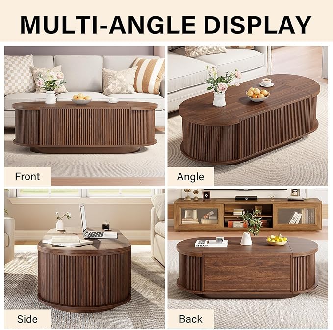 HSH Oval Coffee Table with Storage, 47” Modern Coffee Table with Press Type Door, Fluted Living Room Tables with 2 Flip-Top Hidden Lids, Wood Center Table for Living Room, Office, Walnut