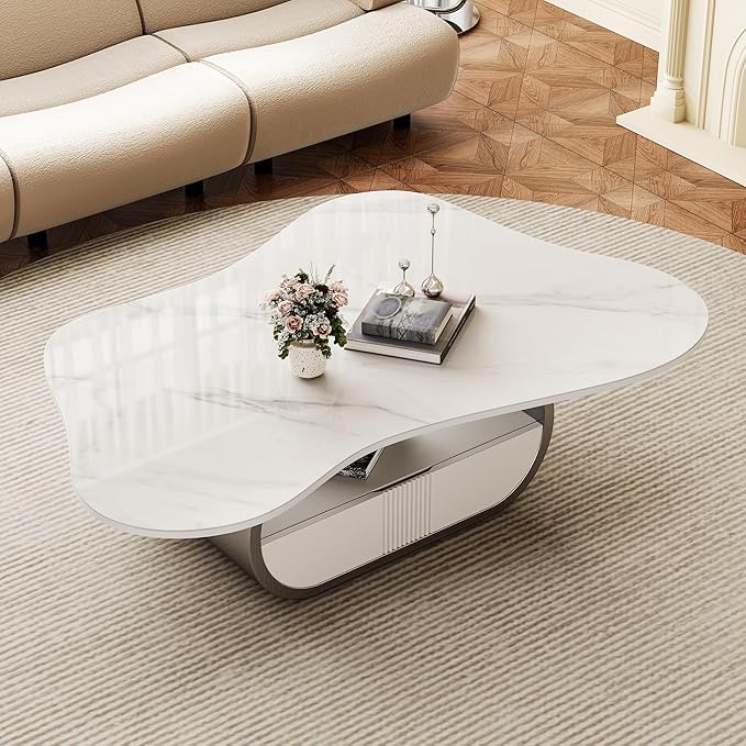 Glintee 41.7 Inch Marble Coffee Table with Storage Drawer, Modern Butterfly Design, Sintered Stone Top and Gray Stainless Steel Base for Living Room, Scratch Resistant and Easy Assembly