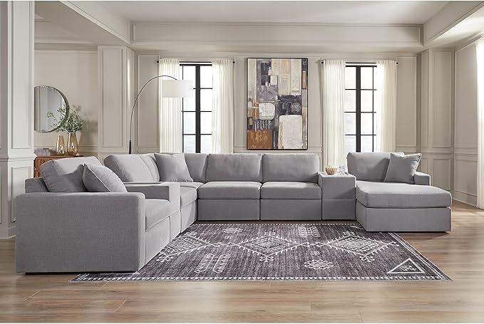 Signature Design by Ashley Casual Modmax Stain Resistant U-Shape Left-Arm Facing 8-Piece Sectional with Chaise and Storage Consoles, Gray