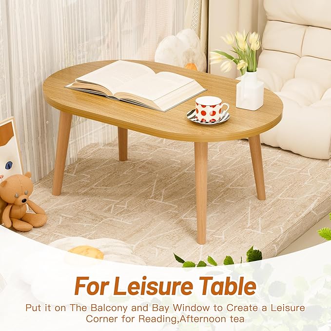Coffee Table Low Table with Solid Wood Legs, Small Oval Coffee Table Side Table, Floor Table Desk for Sitting on The Floor, Storage and Living Room Furniture for Office Apartment Home, Natural
