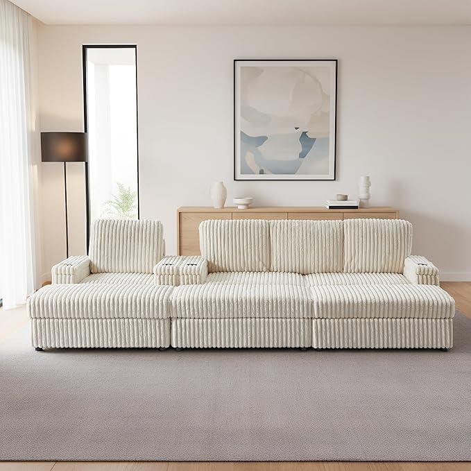 ERYE Oversized Loveseat Sectional Sofa and Chaise, 5 Pieces Living Room Sofa Set Include Love Seat,Chair & 3 Ottomans, Corduroy Upholstered Modular Couch with Cupholders
