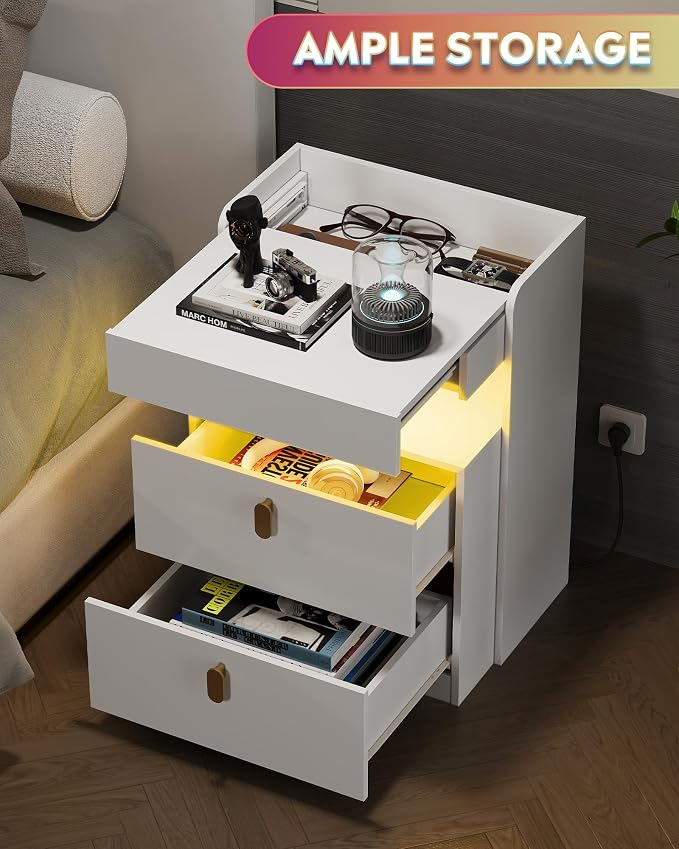 WLIVE White LED Nighstand Set of 2 with Charging Station, Night Stands Sets with Sliding Top, Bedside Tables with Drawers, End Table for Bedroom, Living Room, White - Image 5
