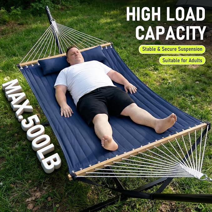 FULIYE Double Hammock with Stand for Outdoor，2 Person Heavy Duty Portable Hammock with Adjustable Steel Stand and Balance Ropes Included – for Patio, Backyard, Garden, Beach (Purplish Blue) - Image 2