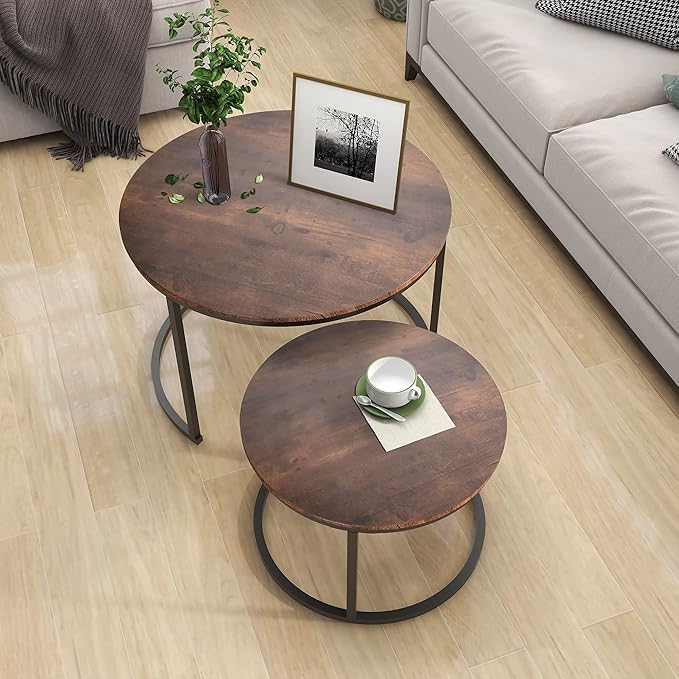 HOJINLINERO Round Coffee Table,Nesting Coffee Table Set of 2,Center Tables for Living Room,Office, Home Small Space,Stacking Side Tables,Sturdy and Easy Assembly,Wood Desktop,Brown,Large