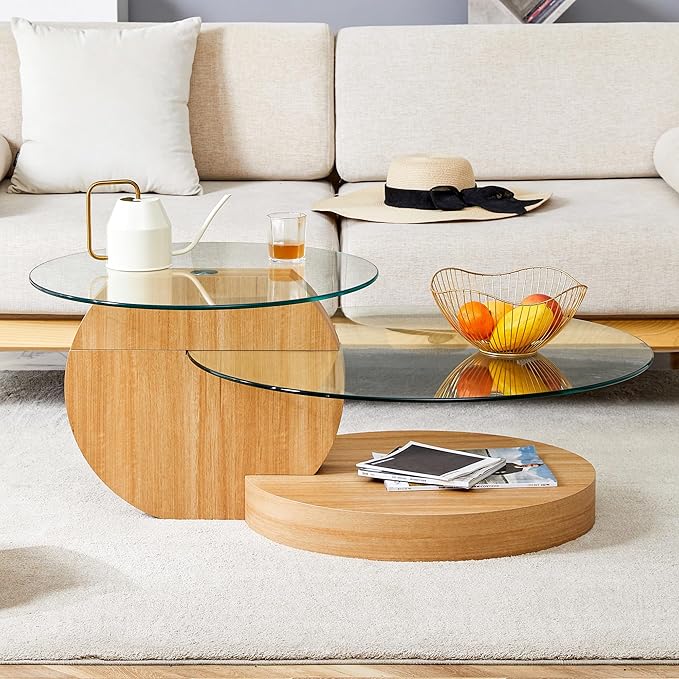 Modern Glass Coffee Table,Small Round Coffee Tables, 42" 3-Tier Circle Wood Coffee Table for Living Room Rustic Circle Center Cocktail Table with Tempered Glass, Unique Accent Table for Small Spaces