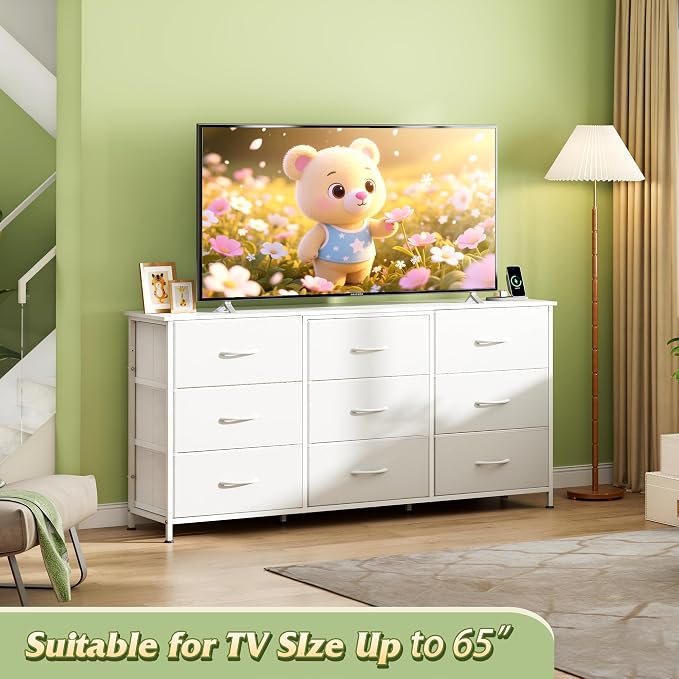 WLIVE 54''W Dresser for Bedroom, White Dresser TV Stand for 55, 60, 65 inch TV, Wide Chest of Drawers with 9 Drawer, Large Entertainment Center, Fabric Dressers with Wood Top for Closet, Living Room - Image 5