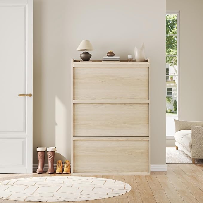 GarveeHome Shoe Cabinet with 3 Flip Drawers, Wooden Shoe Organizer Cabinet with Adjustable Shelf, Shoe Storage for Entryway, Hidden Shoe Cabinet for Hallway, Living Room, Natural Oak - Image 3