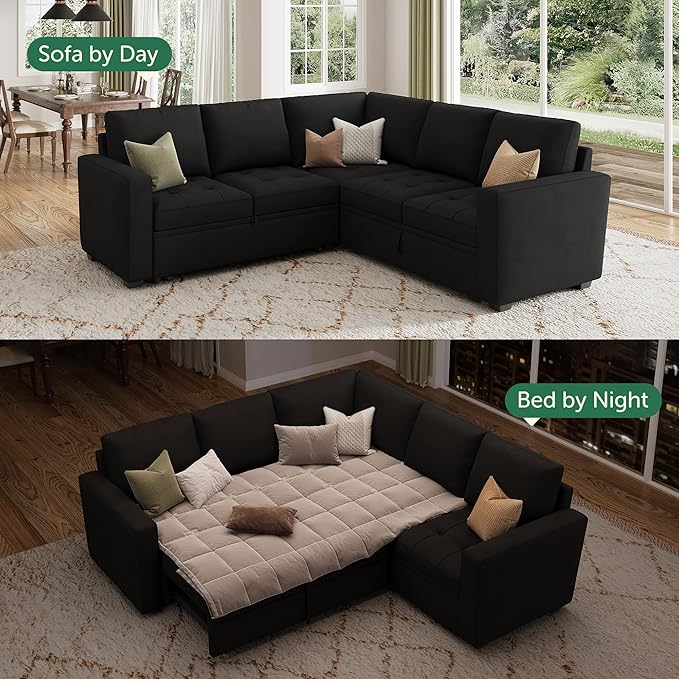 HONBAY Modular Sectional Sofa with Pull Out Bed Velvet Convertible L Shaped Couch with Storage Seat Sleeper Sectional Couches for Living Room,Velvet Black