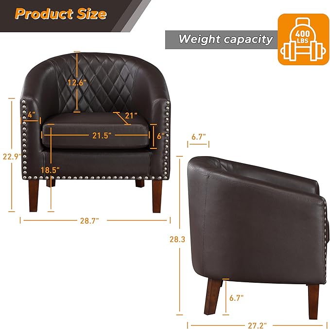 Prilinex Comfy Barrel Accent Chair Set of 8 - Faux Leather Living Room Chair Club Chair with Cushion, Diamond Grid Backrest & Nailhead Trim, Guest Chair for Office, Bedroom & Waiting Room, Brown
