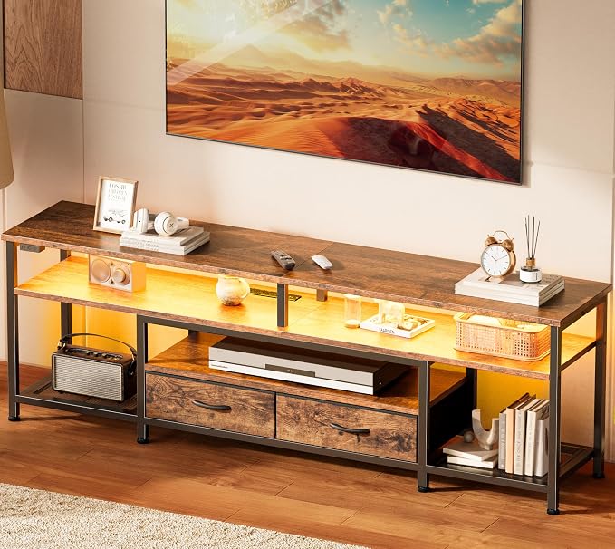 Huuger 63 Inch LED TV Stand for 65 70 Inch TV, Entertainment Center with Open Shelves and Power Outlets, TV Console for Living Room, Media Console with Drawers, Rustic Brown, 8779FC by Huuger