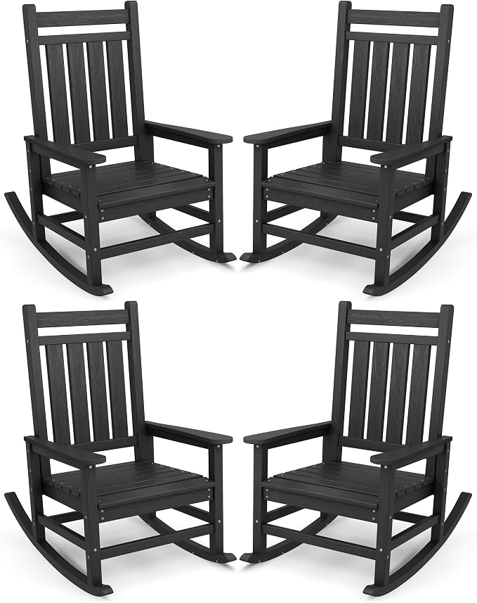 SERWALL Oversized Outdoor Rocking Chair Set of 4, HDPE Rocker for Adults, Patio Rocking Chairs for Porch, Black by SERWALL